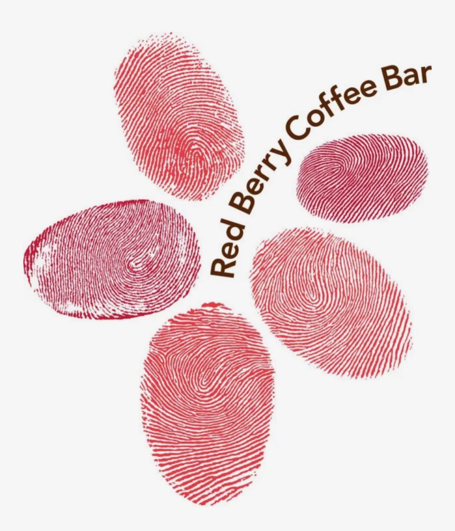 A red berry coffee bar logo with five fingerprints.